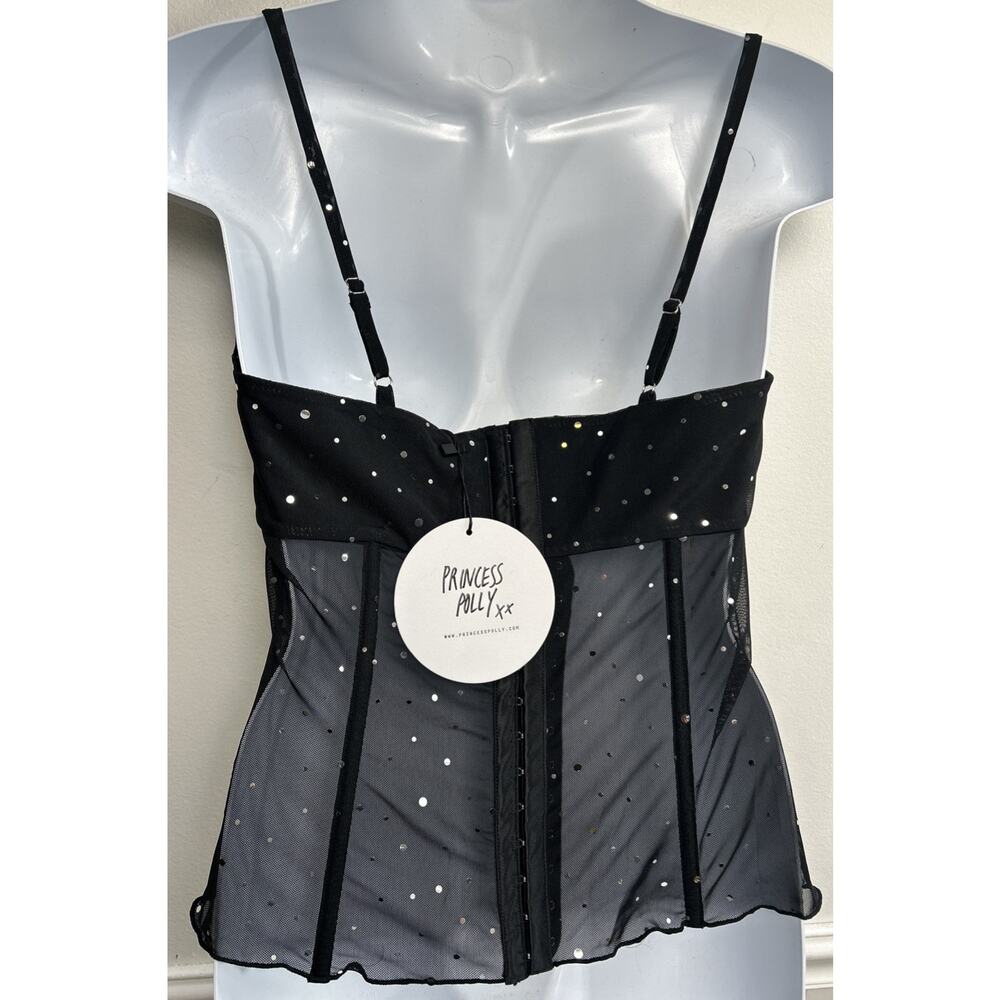 Princess Polly Women’s 6 Mesh Corset Top Black Metallic Polka Dots Boned Cami - Picture 3 of 9